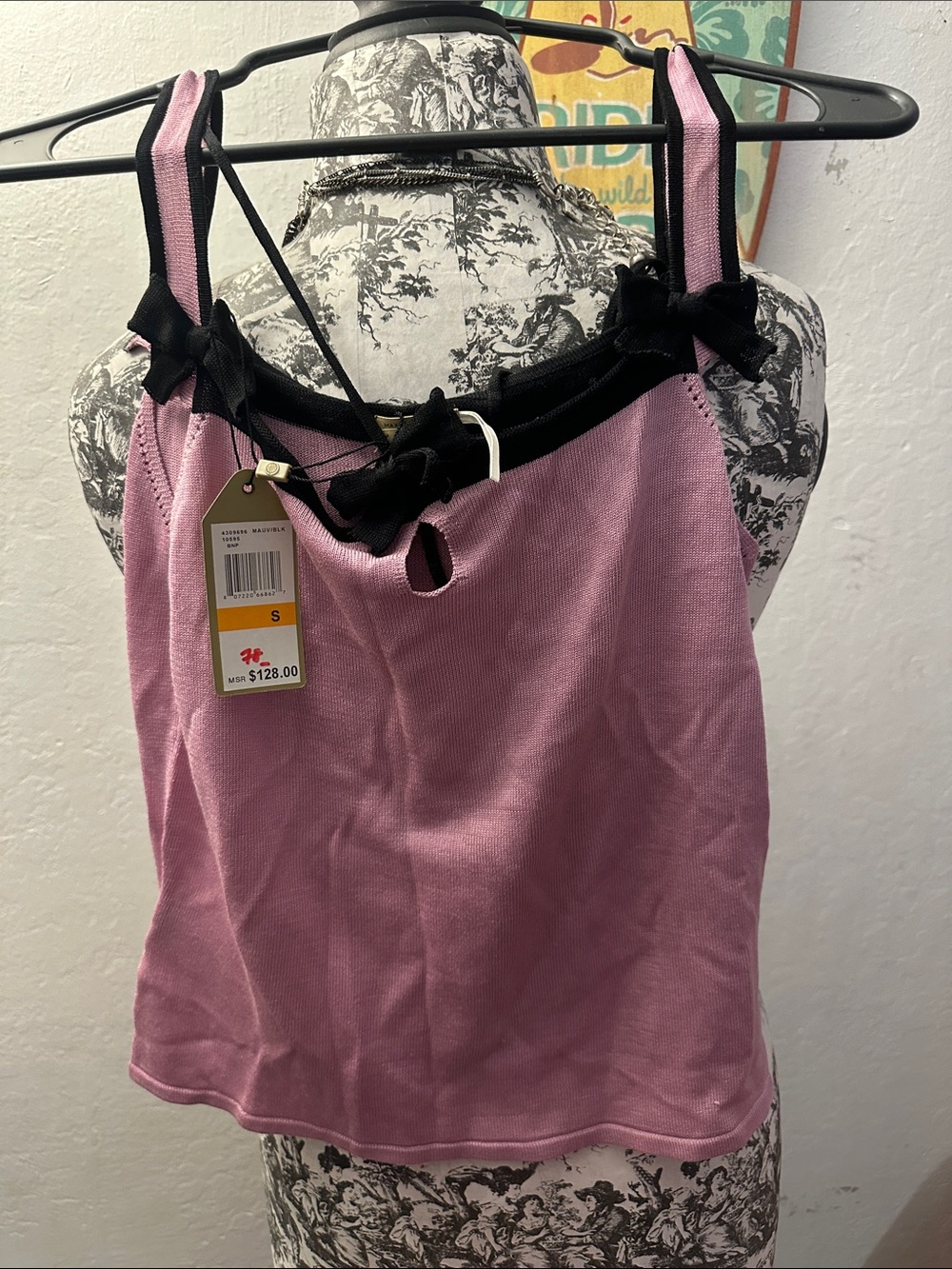Max Studio Pink Camisole with Black Bow Trim